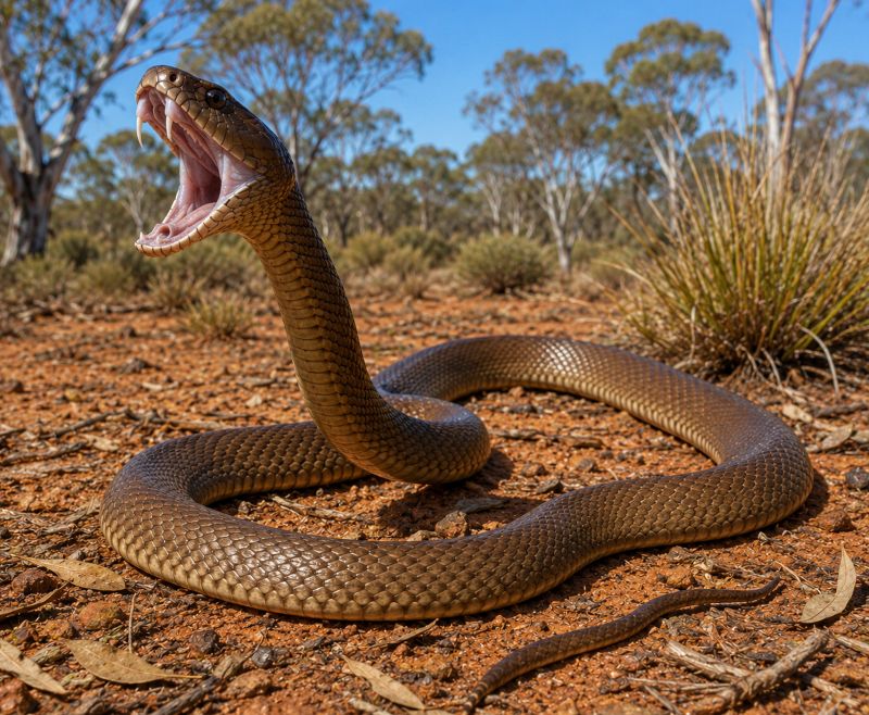 Pseudonaja textilis (Australische bruine slang)
Een zeer giftige slang die voorkomt in Australië. Bij bedreiging heft hij zijn kop omhoog, opent zijn bek en toont zijn giftanden. Het gif is neurotoxisch en kan verlamming veroorzaken.