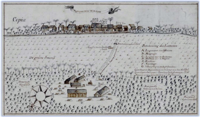 Gezicht op het weglopersdorp Mi Sa Lasi (1772). Op de voorgrond het kamp van Kapitein Oorsinga, bovenin het dorp met de palissade en over de zwamp de dam in aanbouw.